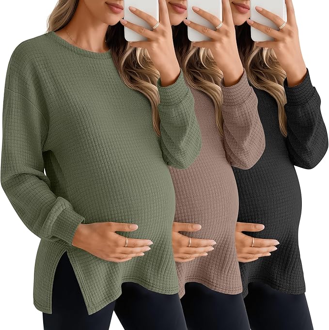 Long Sleeve Waffle Knit Maternity Tops – 3-Pack