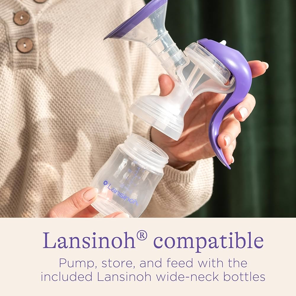 Lansinoh Manual Breast Pump | Hand Pump with Comfortable Flange & 5 oz Baby Bottle W/ Slow Flow Nipple