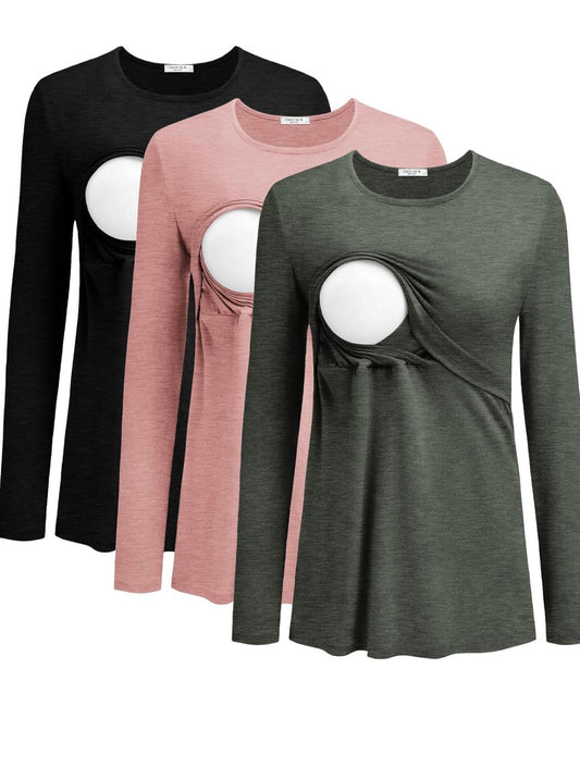 Liu & Qu Women’s Ribbed Nursing Tops | Long Sleeve Maternity & Breastfeeding Shirts, Double Layer (3-Pack)