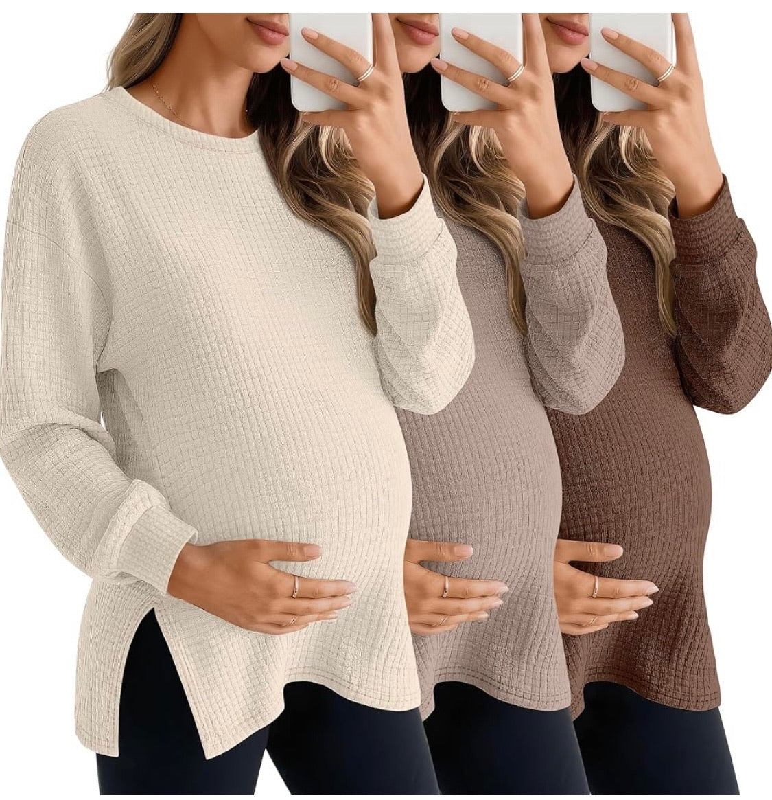Long Sleeve Waffle Knit Maternity Tops – 3-Pack
