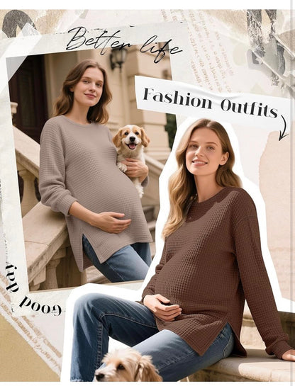 Long Sleeve Waffle Knit Maternity Tops – 3-Pack