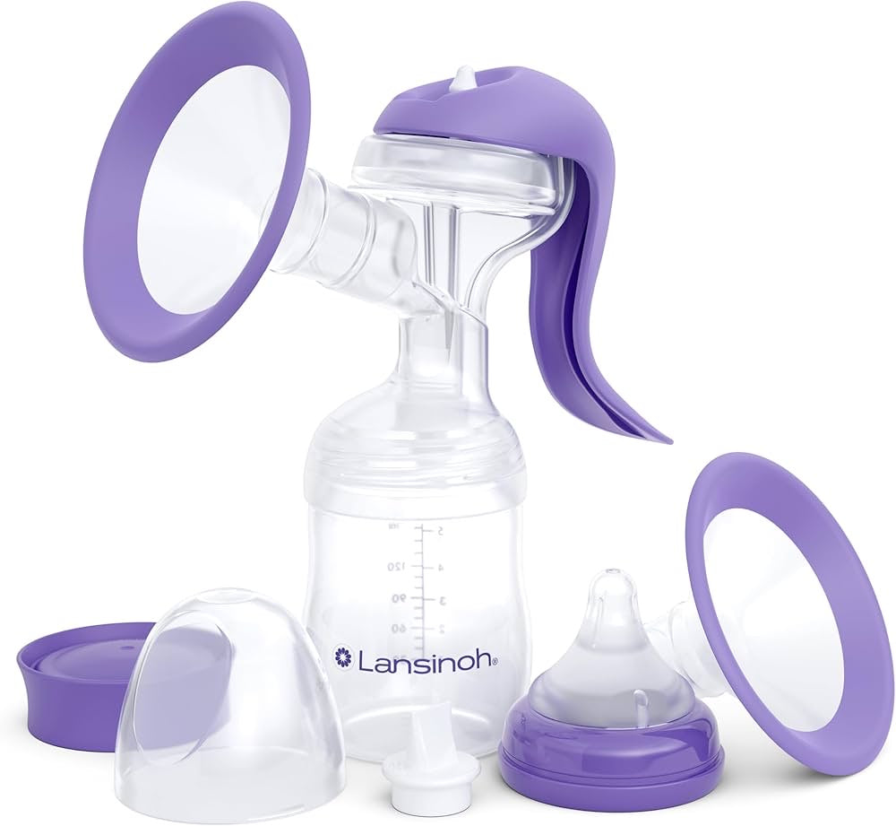 Lansinoh Manual Breast Pump | Hand Pump with Comfortable Flange & 5 oz Baby Bottle W/ Slow Flow Nipple