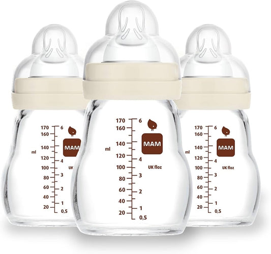 MAM Feel Good Glass Bottles – Gentle Slow Flow for Newborns (6 oz, 3-Pack)